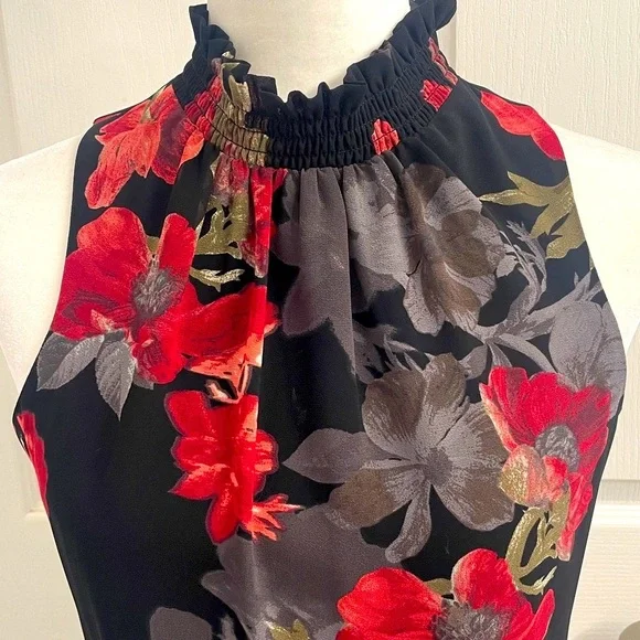 Elegant Sleeveless Black Floral Blouse Lined Ruched High Neck Back Zipper Sz XS - Picture 4 of 11